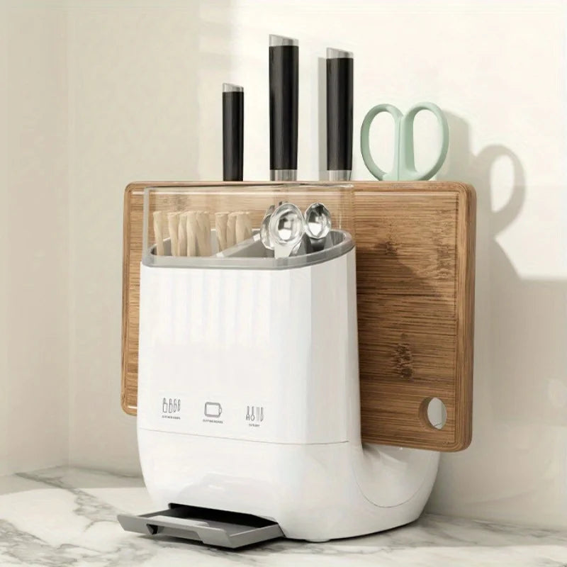 1pc Kitchen Knife Holder Rack Grid Partition Integrated Knife Holder Cutting Board Knife Rack Chopsticks and Spoon Storage Rack