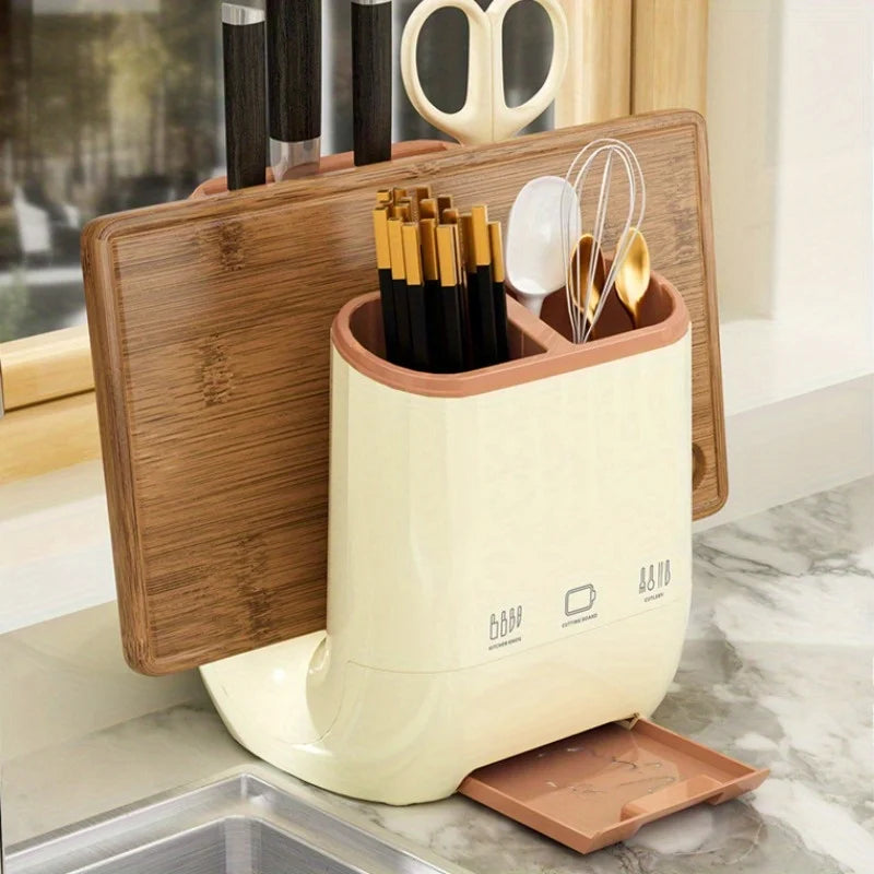 1pc Kitchen Knife Holder Rack Grid Partition Integrated Knife Holder Cutting Board Knife Rack Chopsticks and Spoon Storage Rack