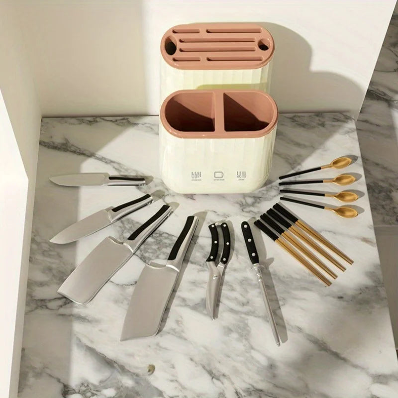 1pc Kitchen Knife Holder Rack Grid Partition Integrated Knife Holder Cutting Board Knife Rack Chopsticks and Spoon Storage Rack